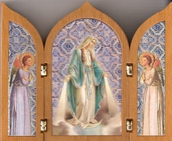 Miraculous Mary Tri-fold Plaque Wood-look Plastic