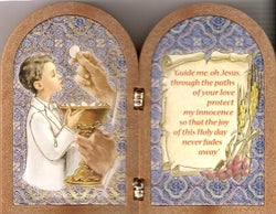 First Communion Boy Bi-fold Plaque Wood-look Plastic