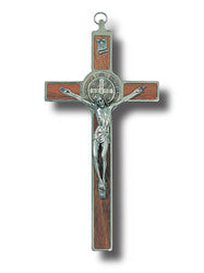 St Benedict Hanging Crucifix - Metal Corpus & Medal - Inlaid Wood - 20 cm x 10 cm