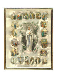 Gold Mylar Framed Print - Our Lady Of Lourdes & Mysteries of Rosary - 25 x 20cm